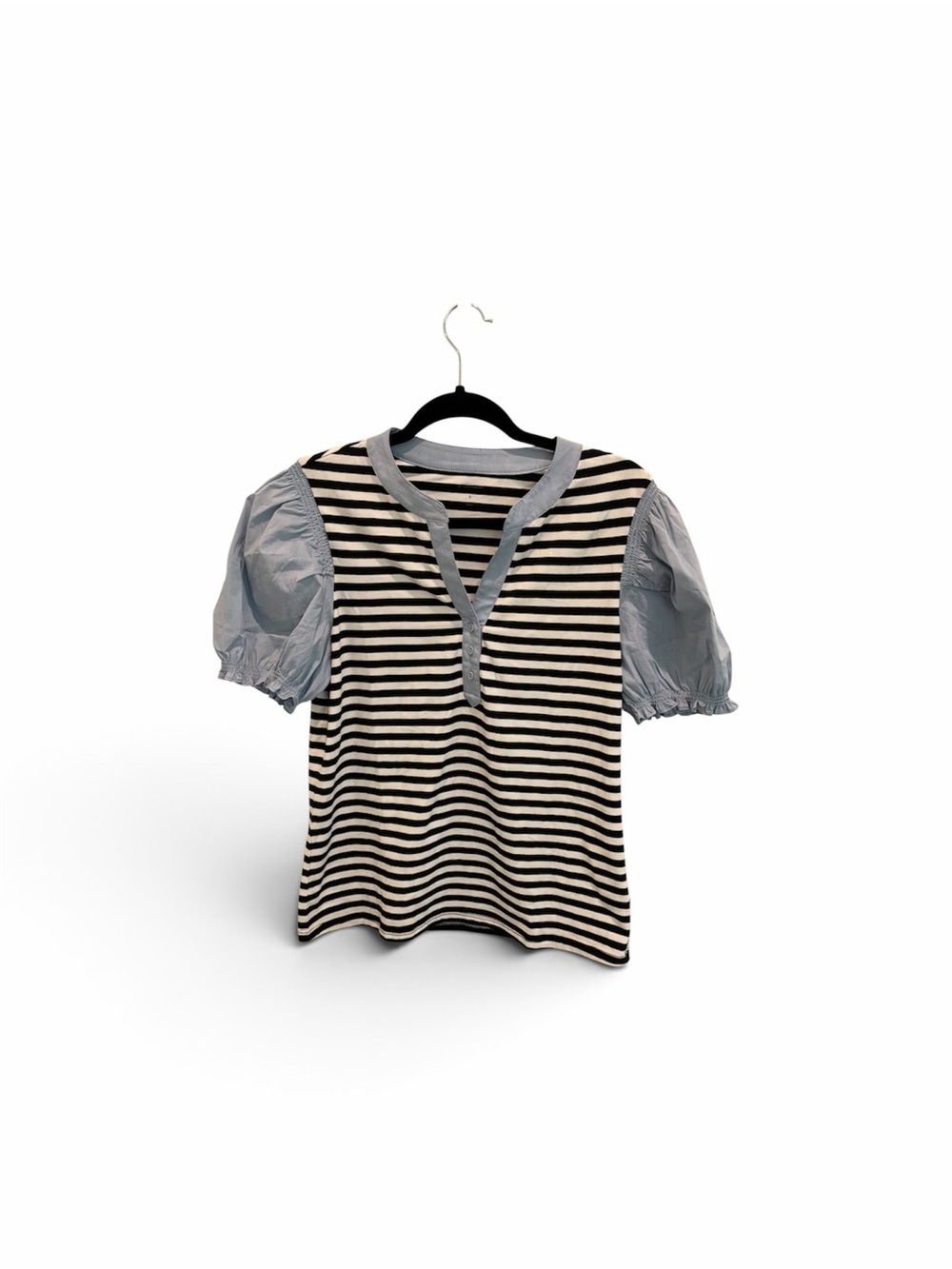 Black & White Striped Top with Light Blue Puff Sleeves